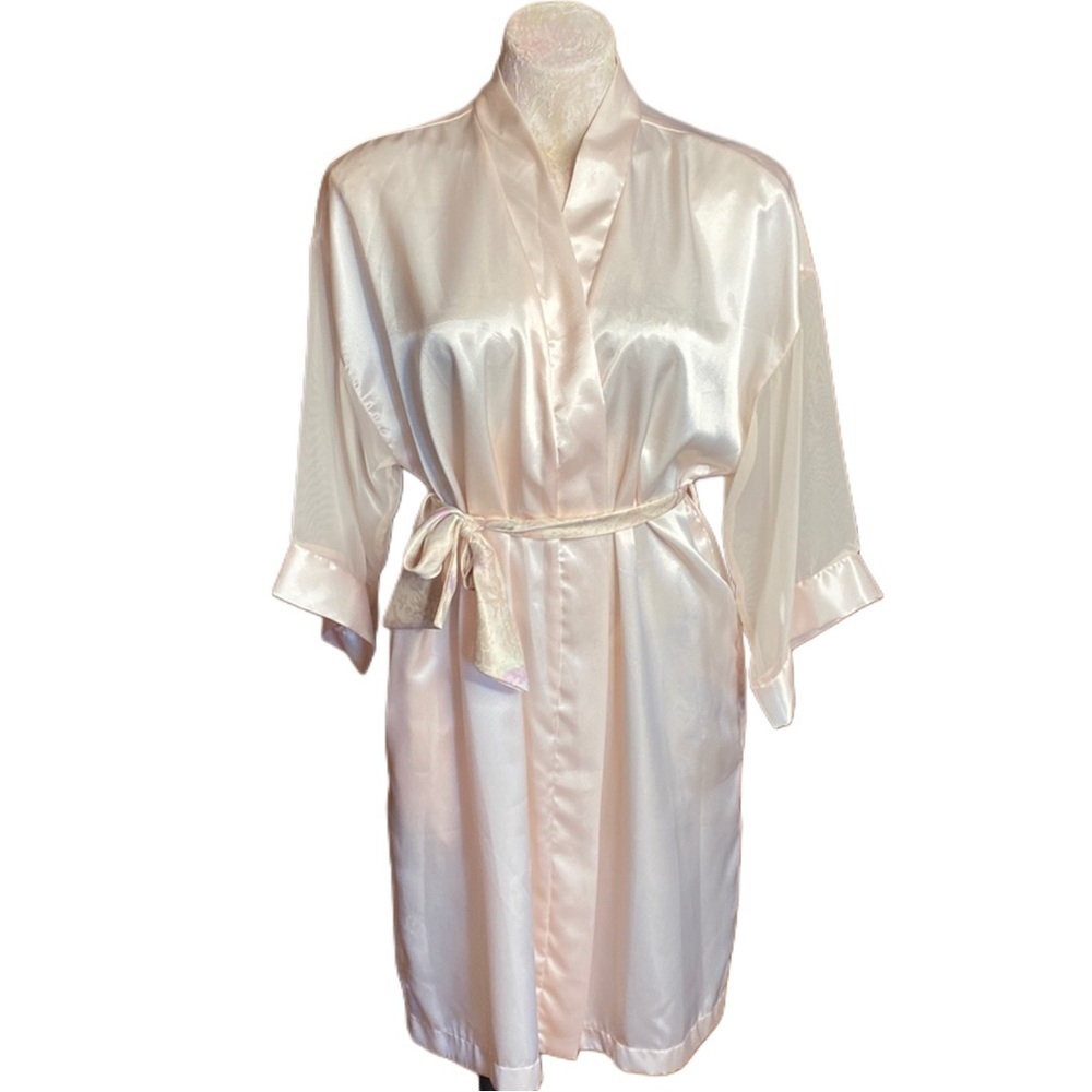 Y2K Vintage Baby Pink Dentelle Short Satin Sheer Belted Robe Kimono sz M